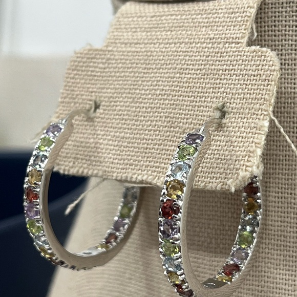 Vintage 925 Sterling Silver Multicolor Gemstone Hoop Earrings - Picture 3 of 16